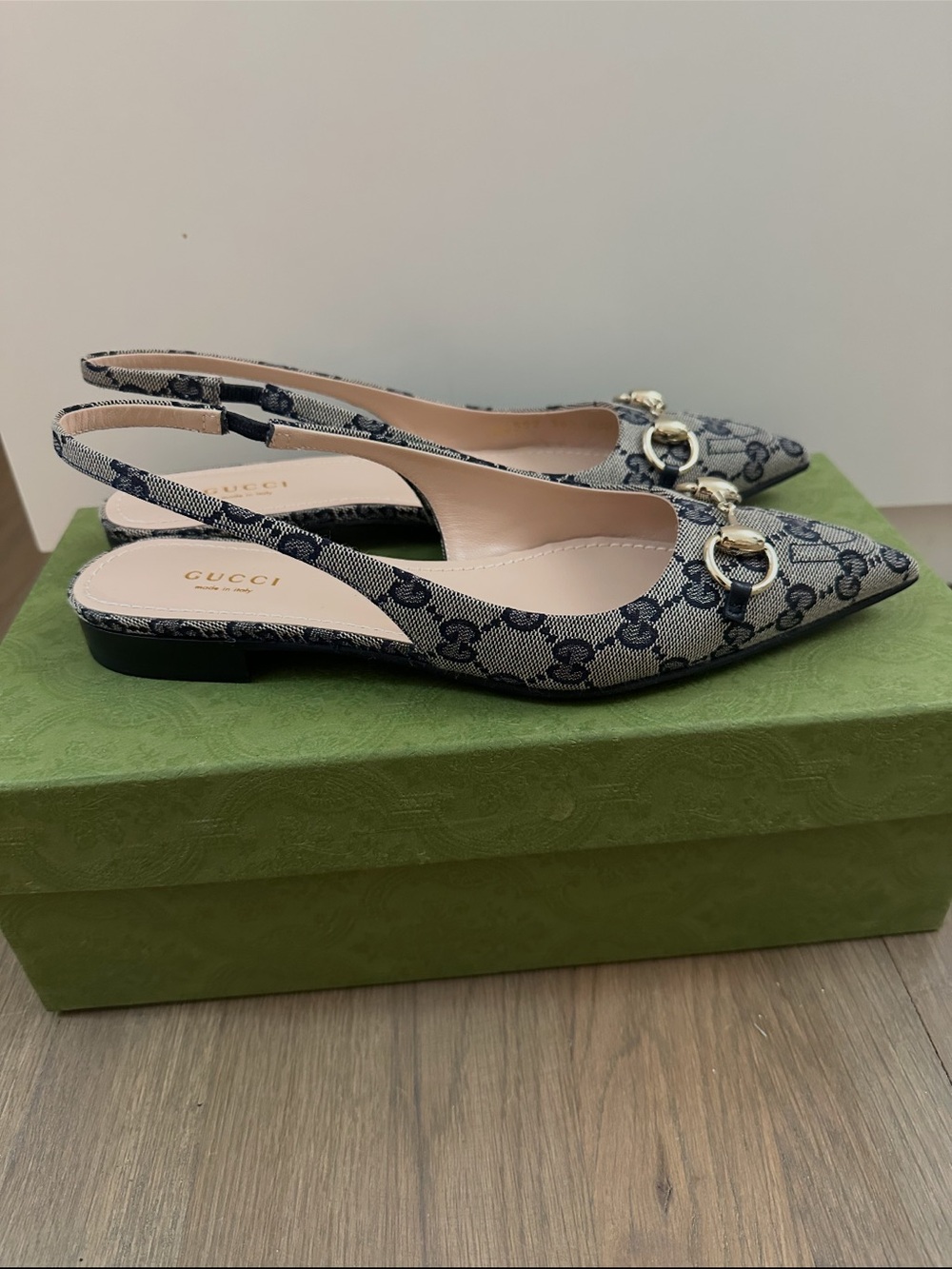 Gucci Navy/Beige GG Canvas Horsebit Slingback Flats - Picture 5 of 5